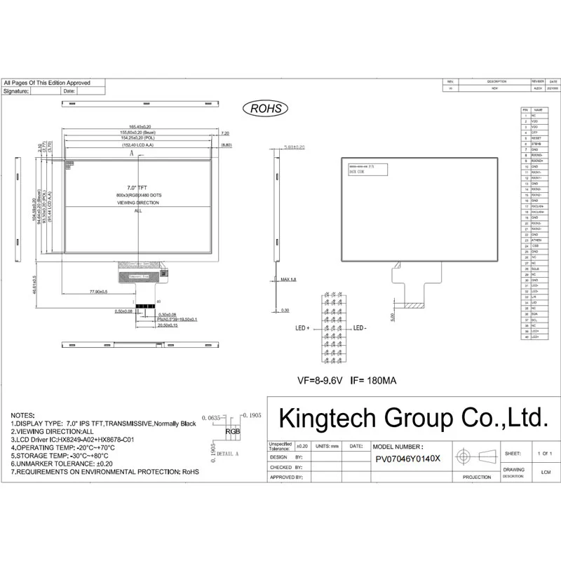 7 polegadas 800x48 0/WVGA IPS LVDS interface 500 lêndeas TFT LCD display